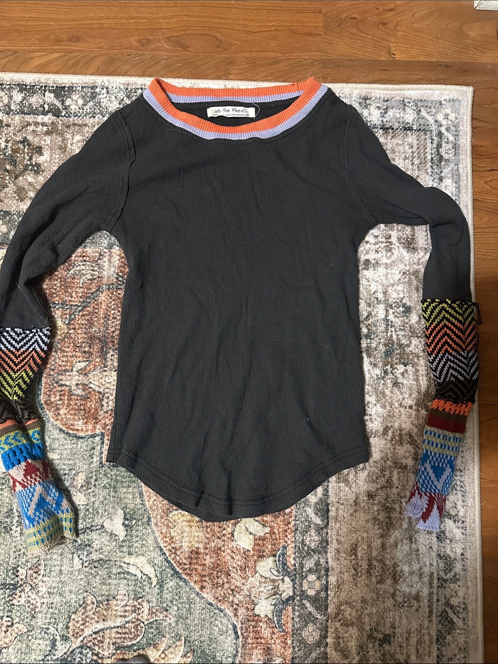Free People Black Long Sleeve Top with Multicolor Knit Cuffs